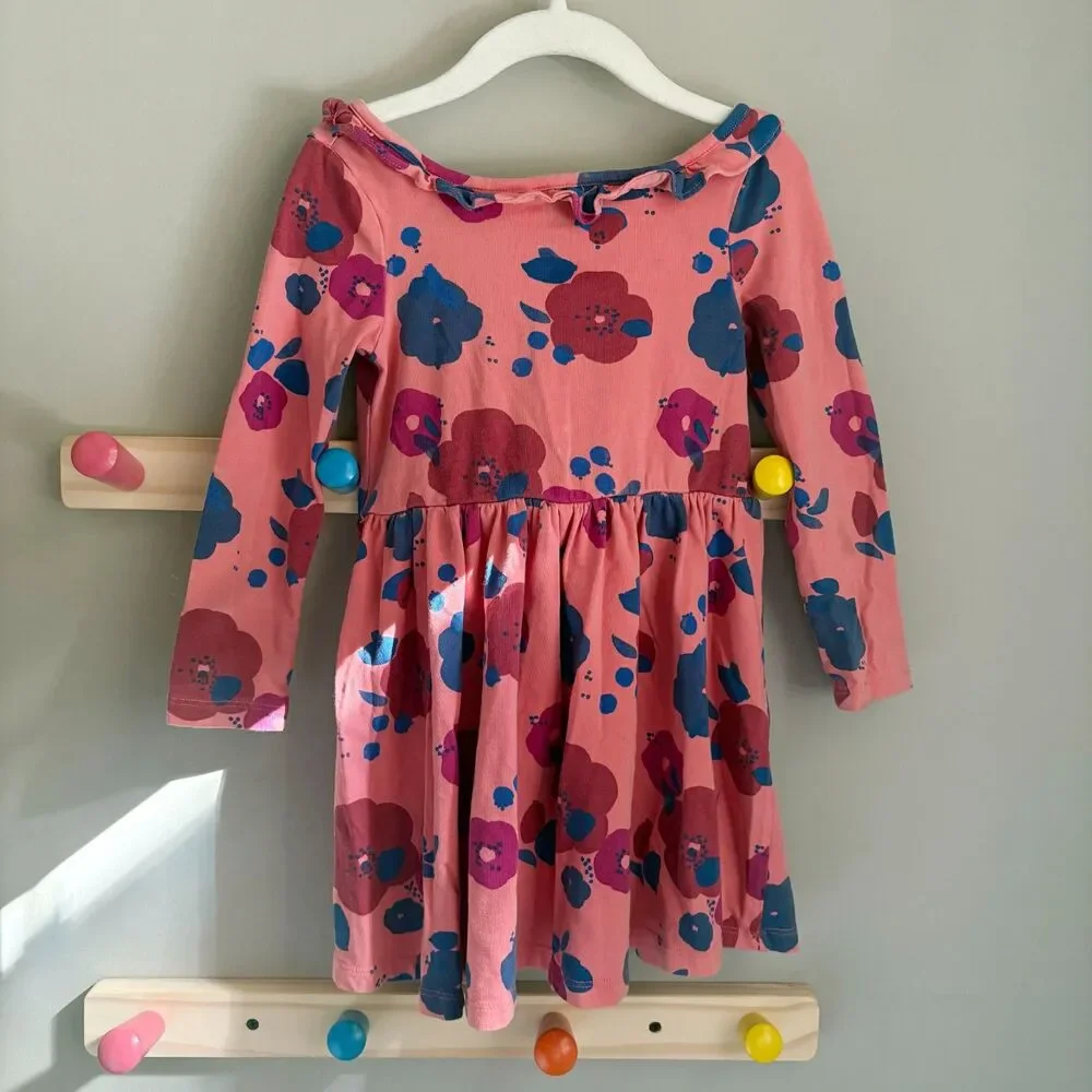 Tea Collection Pink Floral Twirly Boat Neck Long Sleeve Dress